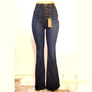 Lycra Womens Button Fly Flare Leg Distressed Dark Wash Blue Jeans Size 9